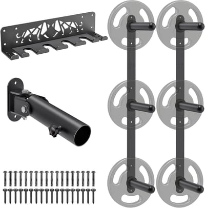 Gym Organizer Set - Wandmontage Gewichtsplaat Opslagrek (2 Pack), Dumbbell Opslagrek met T-bar Row en Landmine Platform - Duurzame Stalen Constructie, Eenvoudige Installatie en Ruimtebesparing