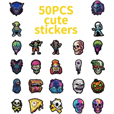 50PCS Autocollants Graffiti Colorés Crâne & Visage de Fantôme - Décor Créatif Unique pour les Festivals d'Halloween Magasin RecordingYourLife blanc