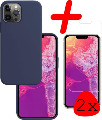 Hoesje Met 2x Screenprotector - Geschikt voor Apple iPhone 13 Pro - Sterk & Shockproof - Back Cover - Siliconen Case - Telefoon Hoes - Donkerblauw