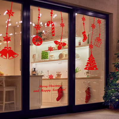 Fijne Kerst en een Gelukkig Nieuwjaar Sticker - 110x145cm - Rood - Kerststickers - Feestelijke Decoraties