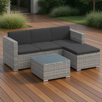 Luxe Polyrotan Loungeset Balkon & Tuin met Hoekbank, Glazen Tafel en Dikke Kussens – Weerbestendige 4-Delige Tuinmeubelset Grijs