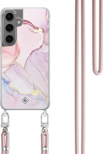 Casimoda® hoesje met koord - Geschikt voor Samsung S24 - Marmer roze paars - Afneembaar koord - TPU/polycarbonaat - Paars