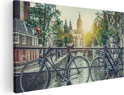 Artaza Canvas Schilderij Amsterdam - 40x20 cm - Klein - Wanddecoratie Grachten - Muurdecoratie Fiets - Schilderijen Op Canvas Stad