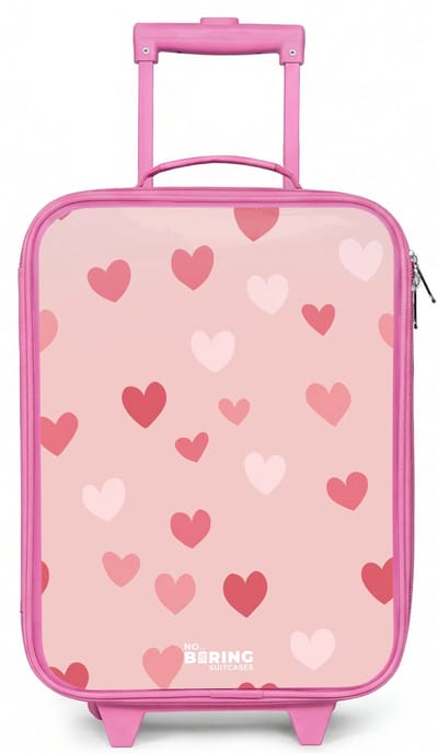 NoBoringSuitcases.com® - Kinderkoffer roze - Kindertrolley meisje - Hartjes - Koffer kind lichtgewicht - Reiskoffer trolley voor kinderen - Koffertje met lichtgevende wieltjes - Rolkoffer