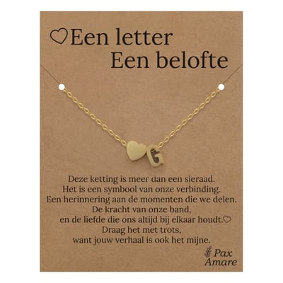 Letter G ketting op Cadeau Kaartje - Een letter, een belofte - 45cm Goudkleurig Stainless Steel - Initiaal & Hartje Hanger - Pax Amare