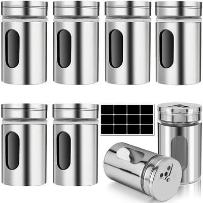 Famanu - Kruidenpotjes, 80 ml, kruidenpotjes met 3-voudige strooiregeling incl. etiketten, kruidenstrooier met hoogwaardig roestvrijstalen deksel, mini-kruidenstrooier, glazen kruidenpotje voor zout