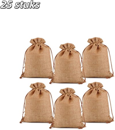 25 stuks - Cadeauzakjes - Jute sieradenzakjes - Met trekkoordsluiting - Geschikt voor verjaardagen, feestjes, bruiloftsfavors, cadeautjes, knutselprojecten - 13 x 18 cm - Donkere jute kleur