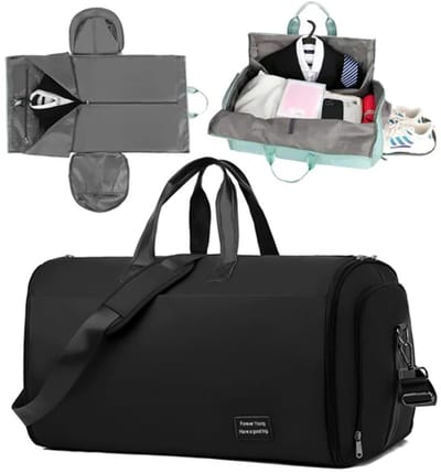KZQ Reistas, 45L Grote Omvormbare Hangende Kledingzak en Weekender Tas voor Mannen en Vrouwen, 2 in 1 Sporttas met Schoenenvak, Waterdichte Lichtgewicht Handbagage met Trolley Sleeve, zwart