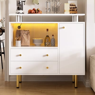 HAUSS SPOLE Dressoir - Met Ledverlichting En Glazen Schuifdeuren - 2 Lades En 1 Deur Voor Woonkamer Of Hal - Wit - 80x35x80 Cm