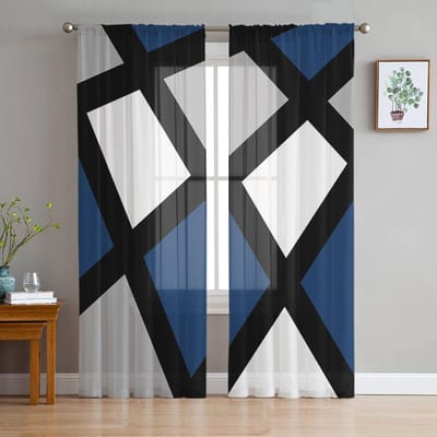 Marineblauw Zwart Grijs Geometrisch Vierkant Voile Transparante Gordijnen Woonkamer Raam Tule Gordijn Keuken Slaapkamer Draperieën Huisdecoratie 135W x 114H(cm)