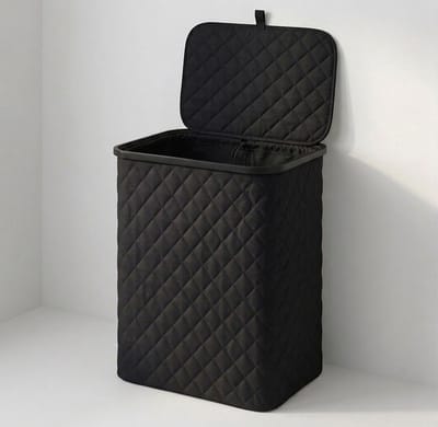 MAZAZU Wasmand met Deksel - Diamond Stitch - 100 Liter - Uitneembare Binnenzak - Bamboe Frame - Zwart - Opvouwbare Wasbox - 44x33x69 cm