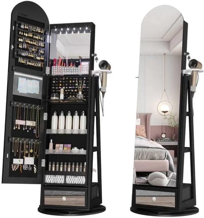 Sieradenkast met spiegel - Staande organizer - Sieraden opbergen - 360 graden draaibaar - 163 x 37 cm - Zwart