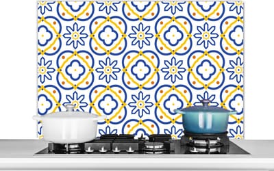 Spatscherm keuken 100x65 cm - Kookplaat achterwand Bloem - Blauw - Geel - Tegels - Patronen - Muurbeschermer - Spatwand fornuis - Hoogwaardig aluminium