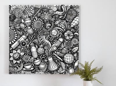 Doodle stilleven schilderij | Stillevendigheid verbeeld: een speelse, driftige kunstzinnige creatie | Kunst - 80x80 centimeter op Dibond | Foto op Dibond
