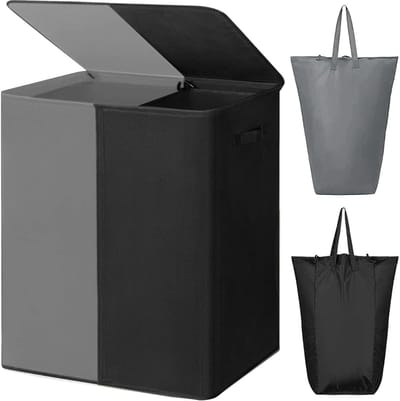 REN® Wasmand 2 Vakken - Wasmand - Wassorteerder - Dubbele Wasmand - Grijs/Zwart - 63cm x 36cm x 68cm
