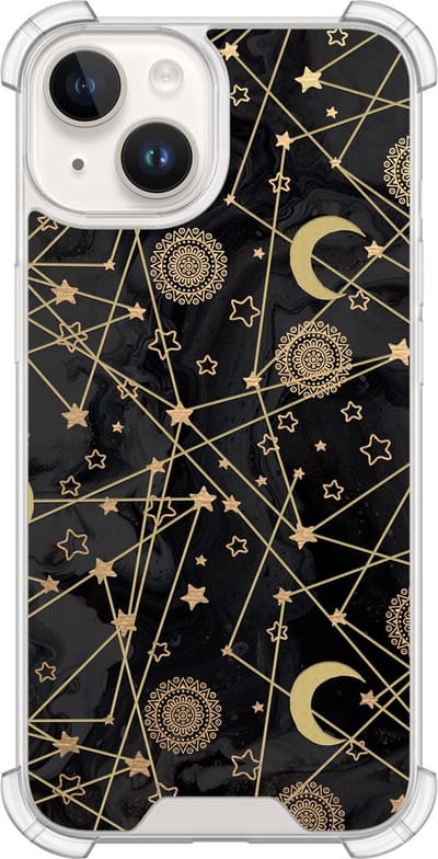 Shockproof hoesje - Geschikt voor iPhone 14 - Sun, moon & stars - Extra sterke case - TPU/polycarbonaat - Sterren - Goud, Transparant