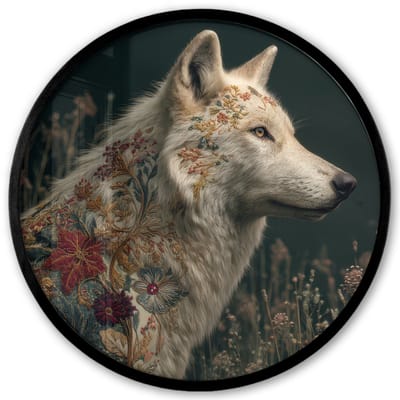 Poster in lijst Rond - Fotolijst 40x40 cm - Posters - Wolf - Bloemen - Natuur - Ronde posterlijst zwart - Decoratie - Wanddecoratie woonkamer - Muurdecoratie slaapkamer