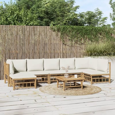 vidaXL - 8-delige - Loungeset - met - kussens - bamboe - crèmewit