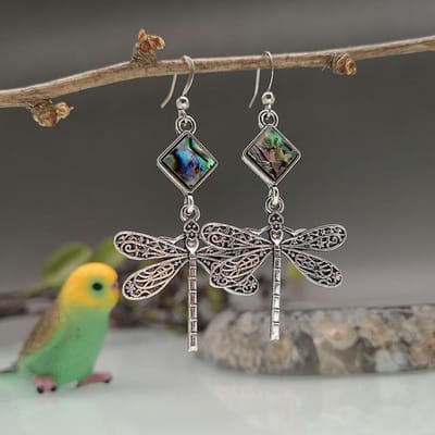 Boho Creatieve Vleugels Libelle Oorbellen Voor Vrouwen Vintage Zilveren Kleur Sieraden Kleurrijke Abalone Schelp Steen Bruiloft Oorbellen gray