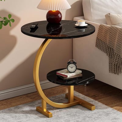 C-vormige bijzettafel - Ronde salontafel - Woonruimte verbeteren - Met opbergruimte - 62 cm hoog - Goud zwart