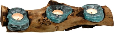 Teelichthouder – glazen Waxinelichthouder – Glas op wortelhout – Hout Kaarsenhouder – Houder Voor 3 theelicht