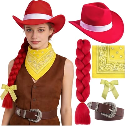 Cowboy Kostuum Accessoires voor Kinderen - 5-delige Outfit met Rode Vlecht, Hoed, Riem en Sjaal voor Halloween en Carnaval Feestjes