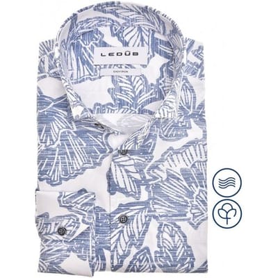 Ledub modern fit overhemd - popeline - middenblauw met wit dessin - Strijkvriendelijk - Boordmaat: 44