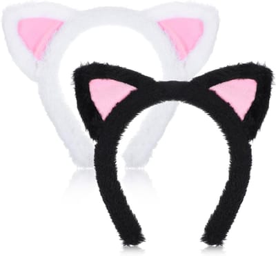 Set van 2 Kattenoren Haarbanden - Zachte Pluche voor Rollenspellen, Feestjes en Halloween Activiteiten (Zwart, Wit)