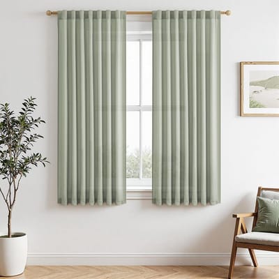 Gordijnen sjaal met verborgen lussen, saliegroen, linnenlook, kort, raamgordijnen, kant-en-klaar voor woonkamer, gordijnen, linnen, halftransparant, set van 2, 160 x 140 cm (h x b), gordijnen