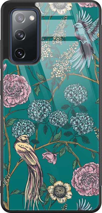 Hoesje geschikt voor Samsung Galaxy S20 FE - Vogels Japanse bloemen - Hard Case Zwart Back Cover - Planten - Groen - Mooie Telefoonhoesjes
