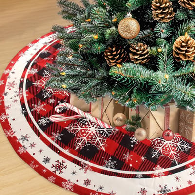 Grote kerstboomdeken met rode plaid en sneeuwvlokken voor feestelijke decoratie en kerstfeest (120 cm)