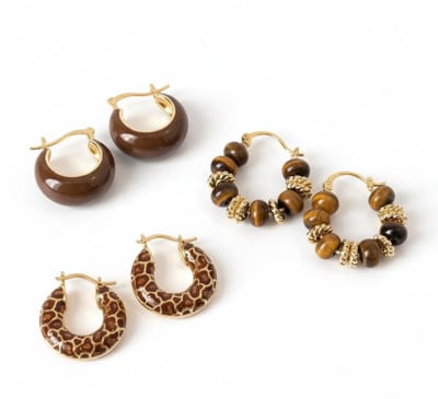 3 paar Bruin goudkleurig oorbellen set voor dames met oorringen en kralen design