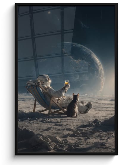 Poster in lijst - Fotolijst 80x120 cm - Posters - Maan - Kat - Astronaut - Ruimte - Posterlijst zwart - Decoratie - Wanddecoratie woonkamer - Muurdecoratie slaapkamer