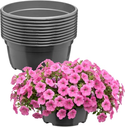 Garronda Set van 10 ronde kunststof plantenbakken met drainage (Anthraciet, Ø21 x 10,5 cm – 3 L) GD-KW-B-Anthracite