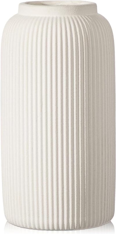 Elegante 24 cm hoge keramische vaas in crème voor bloemen, moderne ronde ribbelvaas voor woonkamer, badkamer en slaapkamer, boho stijl decoratie