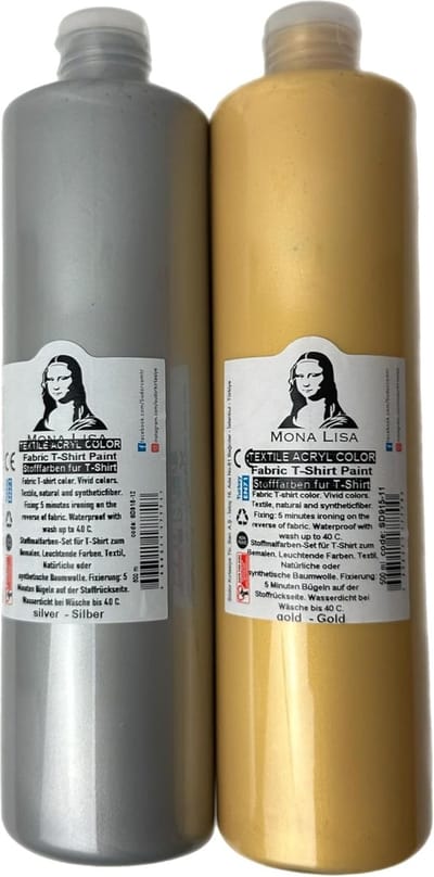 Südor Textielverf set 2 x 500 ml (goud en zilver). Wasbestendige textielverf voor lichte stoffen. Wasmachinebestendig, wasbestendig. Fixatie door strijken