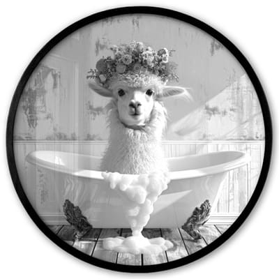 Poster in lijst Rond - Fotolijst 40x40 cm - Posters - Alpaca - Bloemen - Dier - Bad - Zwart - Wit - Ronde posterlijst zwart - Decoratie - Wanddecoratie woonkamer - Muurdecoratie slaapkamer