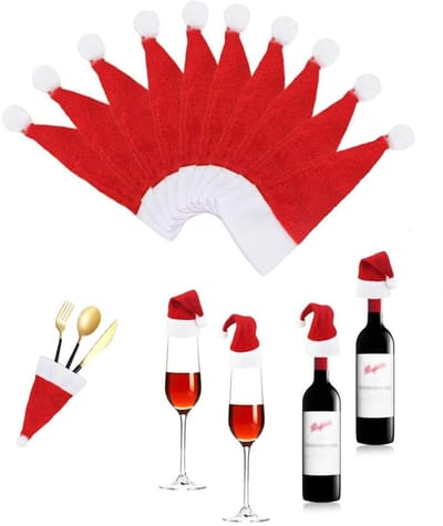 Dailygoods- Kerstmanhoeden 10 stuks - Mini Kerstmanhoeden - Herbruikbaar - Vliesstof - Decoratie voor bestek en wijnflessen - Afmetingen 12 cm x 6 cm - Kerstdecoratie