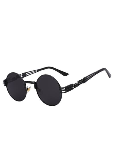 KIMU® Ronde Zonnebril Steampunk Heren - Zwart Montuur Rond - Zwarte Glazen - Vintage Retro Hippie Hipster Brilletje Festival