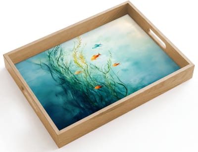Dienblad hout 40x30 cm - Schootdienblad - Waterplanten - Vissen - Kleurrijk - Water - Borrelplank rechthoek - Plateau dienbladen