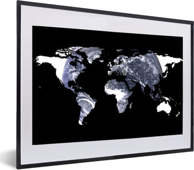 Poster in lijst - Fotolijst 60x40 cm - Posters - Wereldkaart - Zwart - Wit - Wereldbol - Posterlijst zwart - Decoratie - Wanddecoratie woonkamer - Muurdecoratie slaapkamer