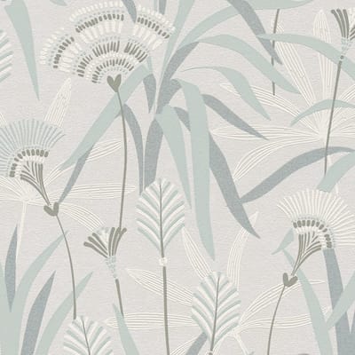 Bloemen behang Profhome 399363-GU vliesbehang licht gestructureerd met riet en metalen accenten grijs blauw groen 5,33 m2
