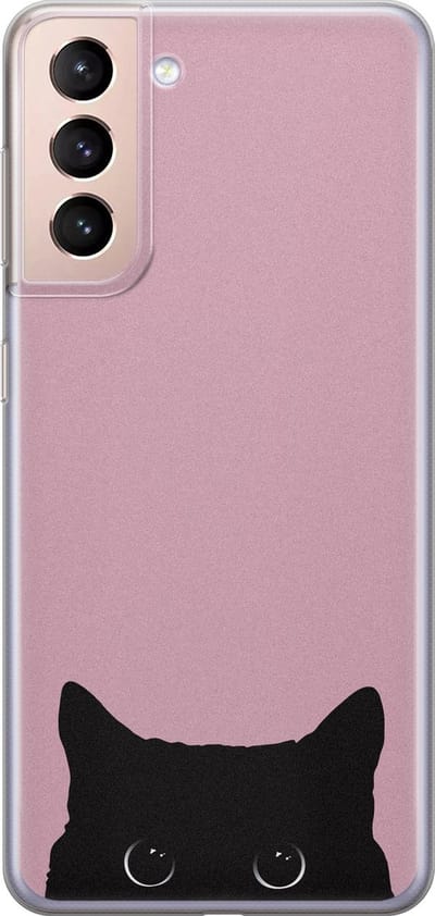 Hoesje geschikt voor Samsung Galaxy S21 - Zwarte kat - Soft Case - TPU - Print - Roze - Mooie Telefoonhoesjes