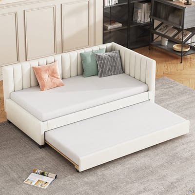 Sweiko Kussenbed 90*200cm, Uitschuifbare slaapbank, Platte noedelsframe multifunctioneel bed, jeugdbed, kinderbed gastenbed, fluwelen stof Beige