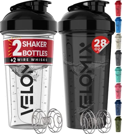 VELOMIX 2-Pack Protein Shaker 28 oz – Leakproof Shaker Flessen met Wire Whisk – Sport Shake Beker Set (Zwart/Transparant)