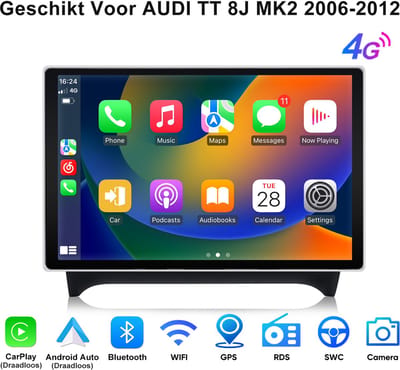 Junsun Android 15 Autoradio Geschikt Voor AUDI TT 8J MK2 2006-12 Accessoires, 4+64GB, Draadloze CarPlay & Android Auto, DAB+, GPS-Navigatie, Bluetooth, WiFi & 5G , RDS & FM, USB & SWC, 13.1-inch 2k Touchscreen, DSP & EQ, FM, USB, Octa-core processor