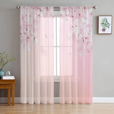 Lente Perzikbloesem Roze Bloemblaadjes Tule Gordijnen Voor Woonkamer Keuken Transparant Voile Gordijn Slaapkamer Raampanelen 135W x 114H(cm) white