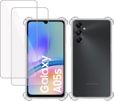 Hoesje + 2x Screenprotector geschikt voor Samsung Galaxy A05s – Tempered Glass - Extreme Shock Case Transparant