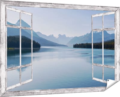 Gards Tuinposter Doorkijk Meer bij de Bergen in Alberta, Canada - 180x120 cm - Tuindoek - Tuindecoratie - Wanddecoratie buiten - Tuinschilderij