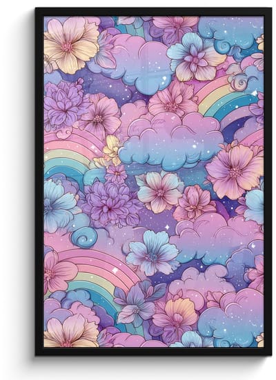 Poster in lijst - Fotolijst 60x90 cm - Posters - Regenbogen - Bloemen - Kleurrijk - Wolken - Posterlijst zwart - Decoratie - Wanddecoratie woonkamer - Muurdecoratie slaapkamer